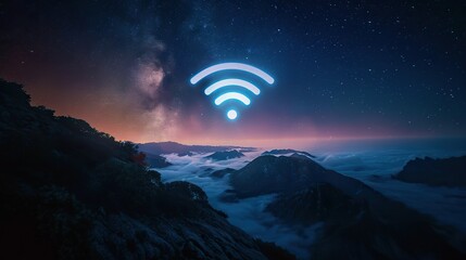 Wall Mural - A picture of a mountain range with a wifi symbol in the sky. The sky is dark and the mountains are covered in fog. Scene is mysterious and serene