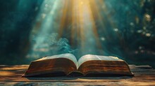 A Book Is Open To A Page With A Bright Light Shining On It. The Light Is Coming From Behind The Book, Creating A Sense Of Mystery And Intrigue. The Book Is Old And Worn, With Its Pages Yellowed