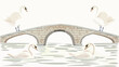 Swans in the River by an Old Bridge Flat vector 