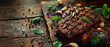A gourmet beef steak, perfectly grilled, on a rustic wooden table with herbs and spices scattered around.