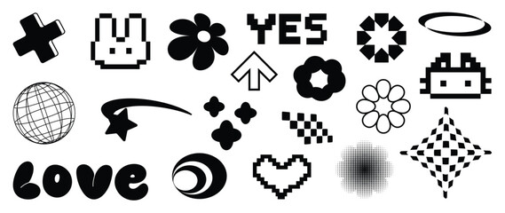 Wall Mural - Set of y2k style elements vector. Hand drawn collection of fluffy, flower halftone, rabbit, heart pixel, organic shape in black and white color. Design for print, cartoon, decoration, sticker.