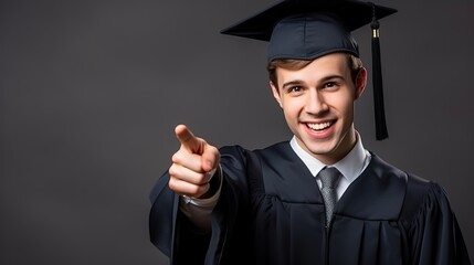 A young man in a graduation gown points to the camera with a smile on his face. Concept of accomplishment and pride, as the graduate is about to embark on a new chapter in his life