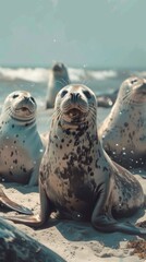 Poster - A group of a bunch of seals sitting on the beach. Generative AI.