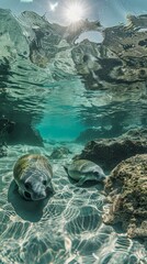 Poster - Two manatees swim in the shallow waters of a beach. Generative AI.