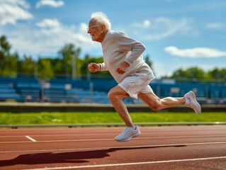 Wall Mural - An older man running on a track in white clothes. Generative AI.