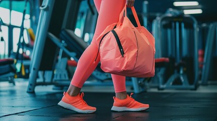 A woman wearing pink leggings and carrying a pink bag walks through a gym. The gym is filled with various pieces of equipment, including a bench, a chair, and a few treadmills