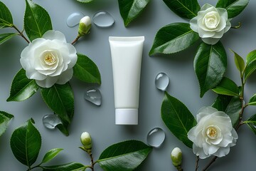 Pristine cosmetic tube mockup beside a sprig of fresh camellia, herbal essence, clean white background 