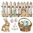 A fence with a rabbit and a basket of eggs in front of it