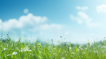 Wall Mural - A fresh spring sunny garden background of green grass and blurred foliage bokeh.