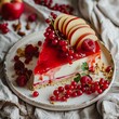 A sumptuous slice of a fruit-topped cheesecake with a vibrant red jelly glaze, artistically arranged with thin apple slices, fresh raspberries, and clusters of red currant 