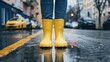 A woman in yellow rain boots stands in the rain. Concept of resilience and determination in the face of inclement weather