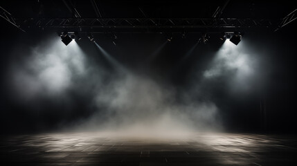 Canvas Print - Dark background spotlight on empty studio room. Empty  studio room with smoke float up interior texture for display products  background.