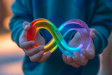 Fototapeta Mapy - Kid hand holding autism infinity rainbow symbol sign. World autism awareness day, autism rights movement, neurodiversity, autistic acceptance movement