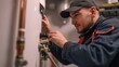 Professional Caucasian Plumber Repairing Tank Water Heater in Boiler Room of Commercial Building. Heating Equipment Maintenance Theme