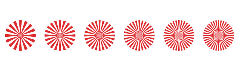 Poster - Set of red radial patterns – Simple red radial stripes – Set of isolated sunbursts on a white background