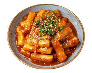 Topokki or tteokbokki in plate on white transparent background.