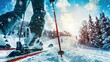 A skier is skiing down a snowy slope with a red ski pole. The skier is wearing a blue ski suit and has snow on their boots. Concept of excitement and adventure
