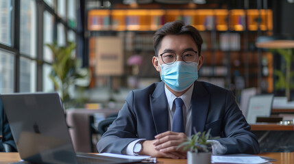 Poster - Asian businessman wearing surgical mask and working with laptop in the office