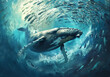 School of Fish: Surround the humpback whale with a swirling school of fish, illustrating the interconnectedness of marine life and the dynamic ecosystem of the sea.