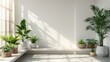 A white room with a large window and a wall of plants. The plants are in various sizes and shapes, and they are placed in different pots. The room has a bright and airy feel