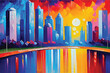 Artistic painting of skyscrapers. Abstract style. Cityscape panorama. Vibrant Artwork: Acrylic Paint in a Multicolored Painting. Cityscape with abstract oil painting. A city view in oil painting.     