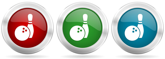 Aufkleber - Bowling vector icon set. Red, blue and green silver metallic web buttons with chrome border