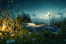Comfortable Luxurious Bed In The Middle Of Green Meadow At Night With Crescent Moon And Stars