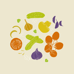 Wall Mural - Vegetables illustration circle clipart composotion hand drawn retro colors style