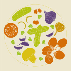 Wall Mural - Vegetables illustration hand drawn retro style color circle composition