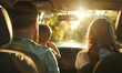Realistic photo, family going on a trip in the car, sunny day, soft focus