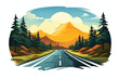 Straight road in countryside have green tree with big mountain landscape in summer morning clear sky and white cloud. Mountain road landscape. Vector illustration of highway with spring mountains. 