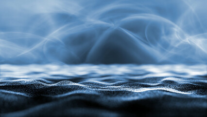 Poster - blurry dotted waves on abstract blue light streaks copy space illustration background.