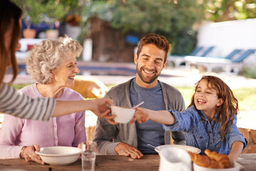 Poster - Happy family, food and breakfast in garden of home for nutrition, bonding and eating together with hosting. Parents, grandma and child with healthy diet, meal and relax at dining table in the morning