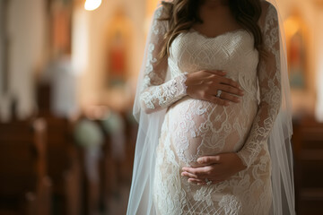 a pregnant african american woman in a white wedding dress stands in a church. she is clearly expect