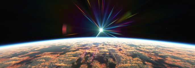 Wall Mural - earth sunrise from space over cloudy ocean. 3d rendering