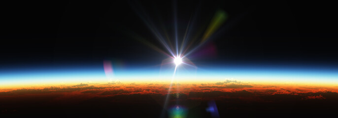 Wall Mural - earth sunrise from space over cloudy ocean. 3d rendering