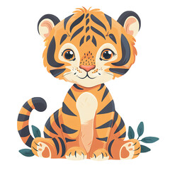 Wall Mural - Cute cartoon clip art of baby tiger cub on transparent background PNG.