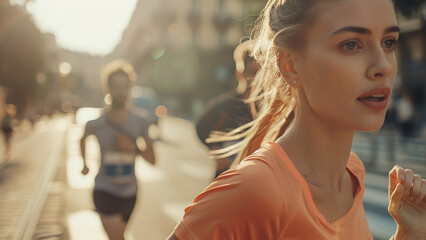 young sports couple are running in the city on the morning, morning run scene, sports lifestile, running people