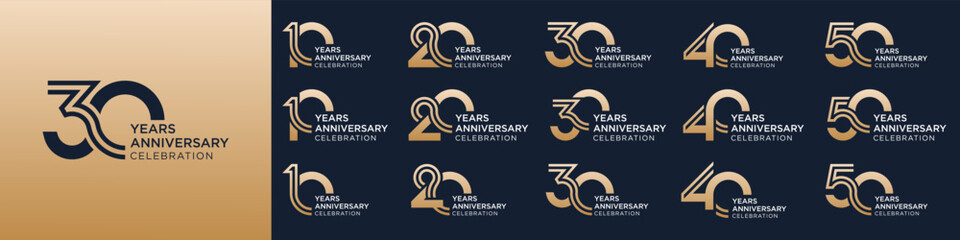 Wall Mural - collection of 10 to 50th anniversary logotype design, with golden color for celebration event, wedding, greeting card, and invitation, vector illustration