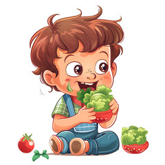 Wall Mural - Cute clipart of happy child eating vegetables on PNG transparent background, easy to use.