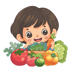 Canvas Print - Cute clipart of happy child eating vegetables on PNG transparent background, easy to use.