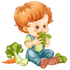 Sticker - Cute clipart of happy child eating vegetables on PNG transparent background, easy to use.