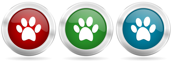 Leinwandbilder - Animal foot vector icon set. Red, blue and green silver metallic web buttons with chrome border