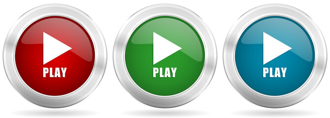 Leinwandbilder - Play vector icon set. Red, blue and green silver metallic web buttons with chrome border