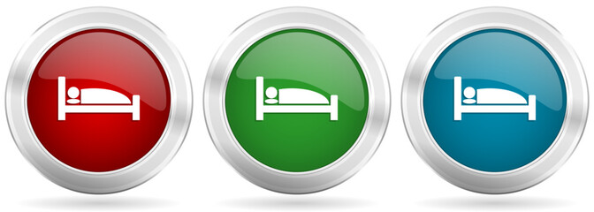 Aufkleber - Hotel vector icon set. Red, blue and green silver metallic web buttons with chrome border