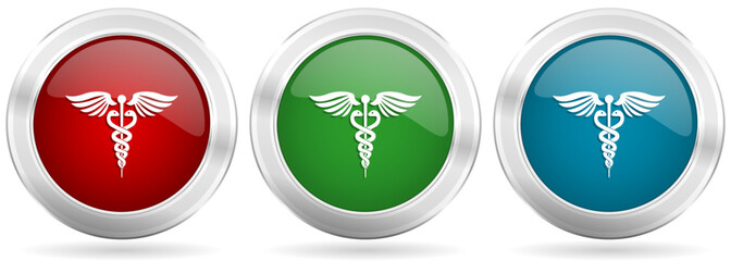 Leinwandbilder - Emergency vector icon set. Red, blue and green silver metallic web buttons with chrome border