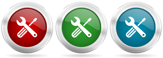 Leinwandbilder - Tools vector icon set. Red, blue and green silver metallic web buttons with chrome border