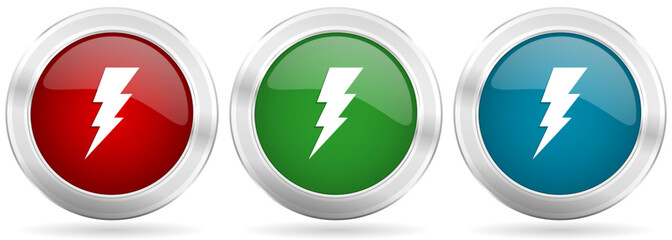 Leinwandbilder - Bolt vector icon set. Red, blue and green silver metallic web buttons with chrome border