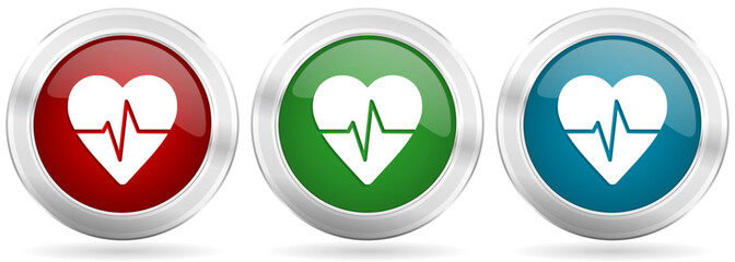 Leinwandbilder - Pulse vector icon set. Red, blue and green silver metallic web buttons with chrome border
