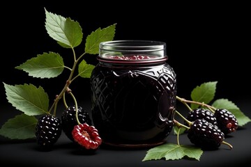 Poster - ripe mulberry jam in a glass isolated on a green background